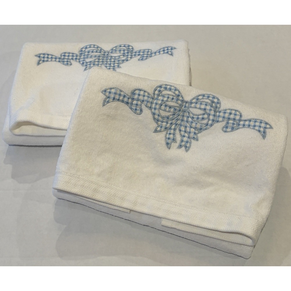 Vintage Grand Prix by Avanti Blue Gingham Bow Bath Towels Set of‎ 2 USA